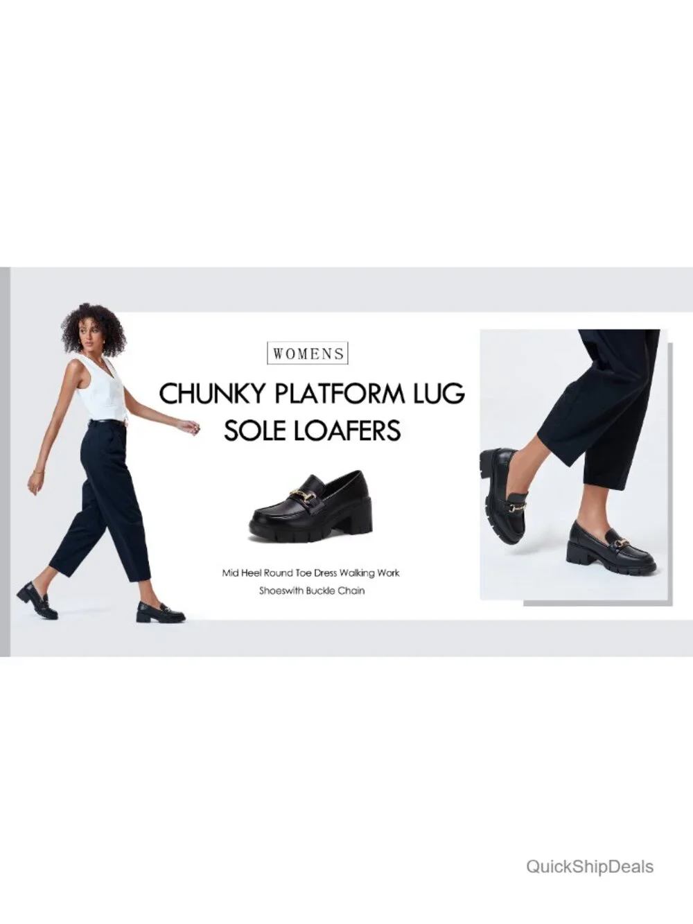 Women's Chunky Platform Lug Sole Loafers Mid Heel Square Toe Work Shoes with